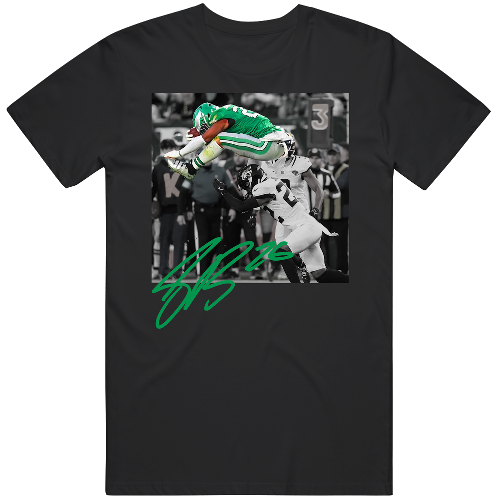 T-shirt with Saquon Barkley backwards hurdle football design