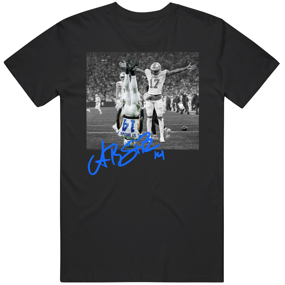 T-shirt with Amon-Ra St. Brown upside down touchdown celebration design
