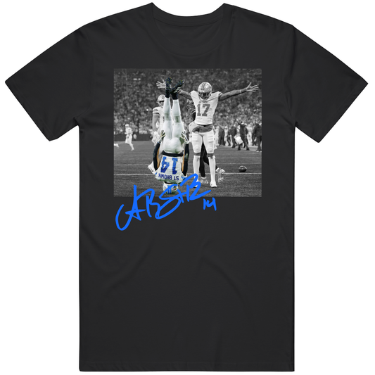 T-shirt with Amon-Ra St. Brown upside down touchdown celebration design