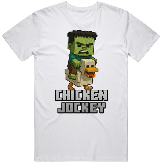 T-shirt with chicken jockey block art movie parody design